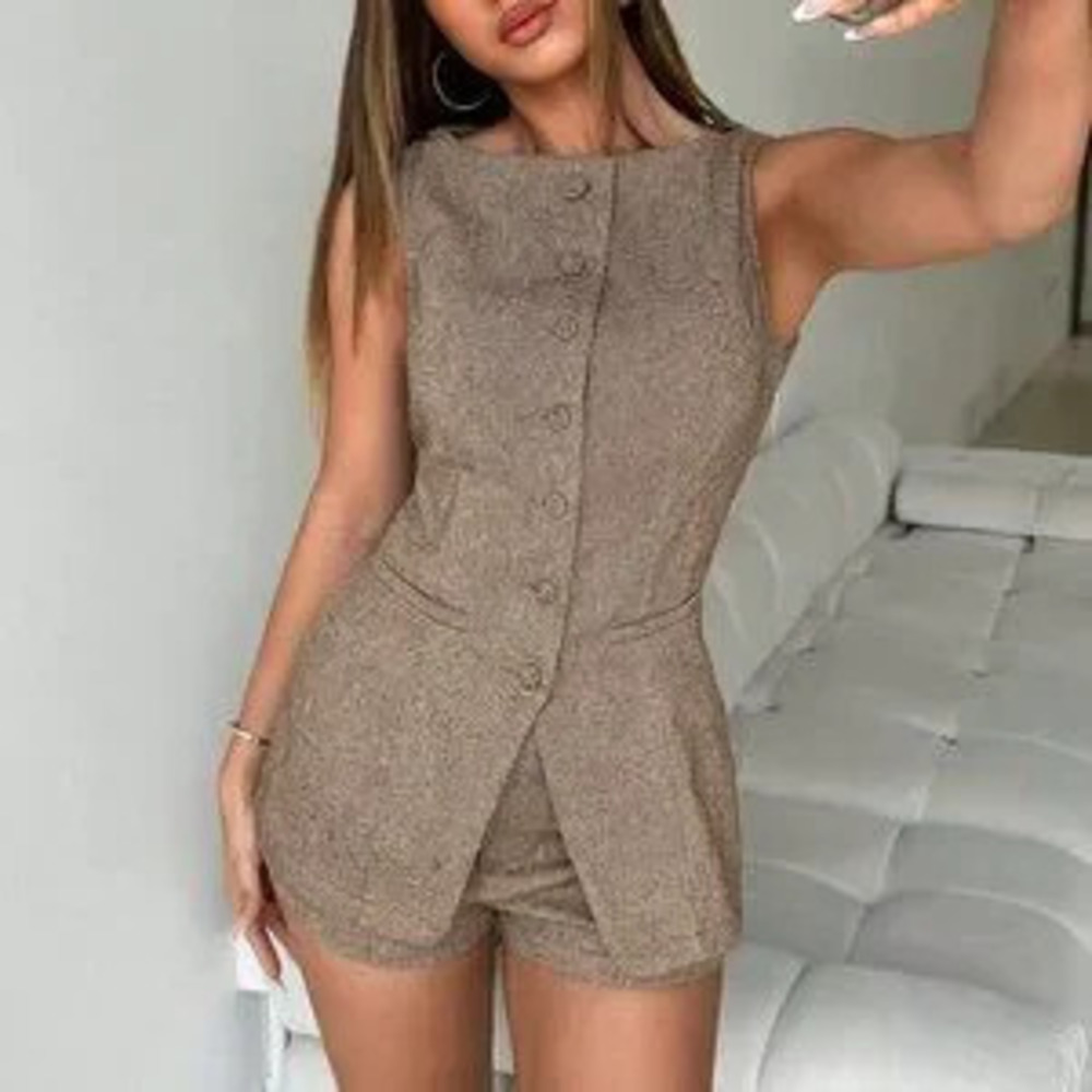ZARA Brown Casual Women's Fitted Open-Front Single-Breasted Vest & Low-Waist Set